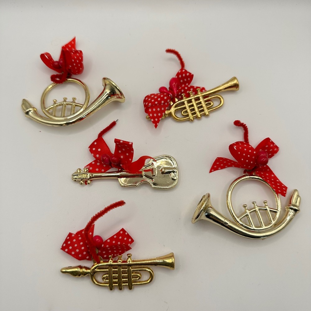 Vintage Gold Plastic Musical Instrument Christmas Ornaments Set of 5 Red Bows